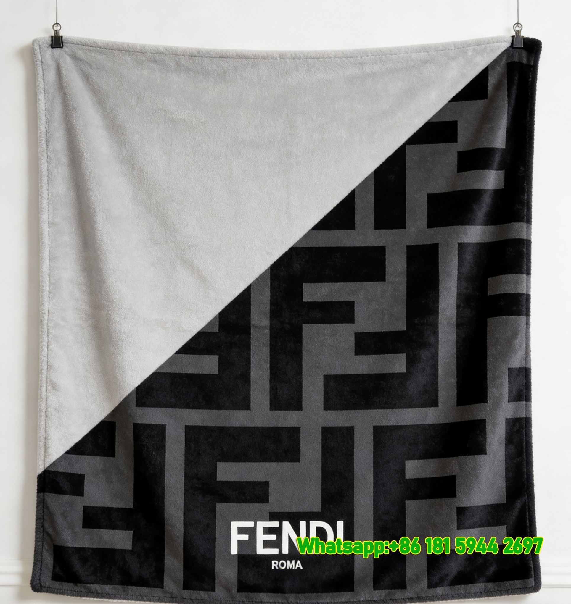 Light Gray & Black Fendi FF Monogram Flannel Throw Blanket Diagonal Split IMG_9302